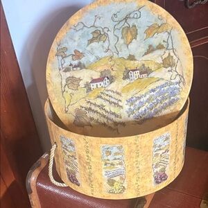 Decorative Round Hat Box with Vineyard Design like new